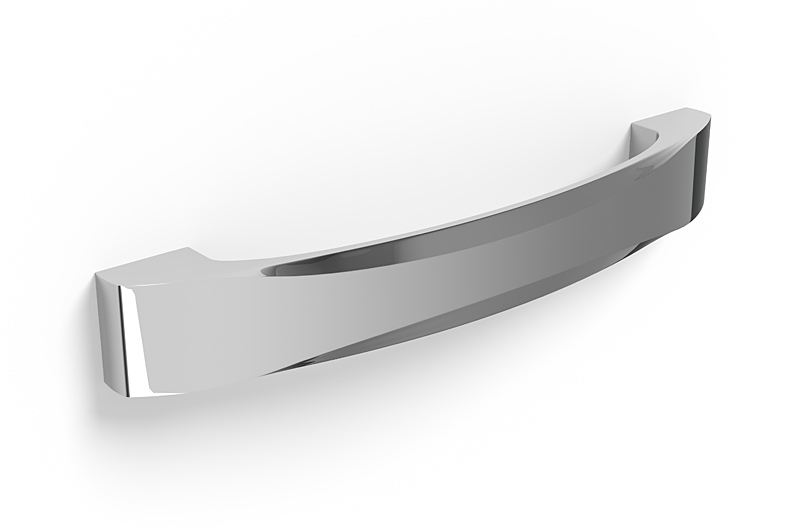 Curved chrome furniture handle 3D model with smooth reflective surface and clean form, rendered for high-quality product visualization and catalog presentation